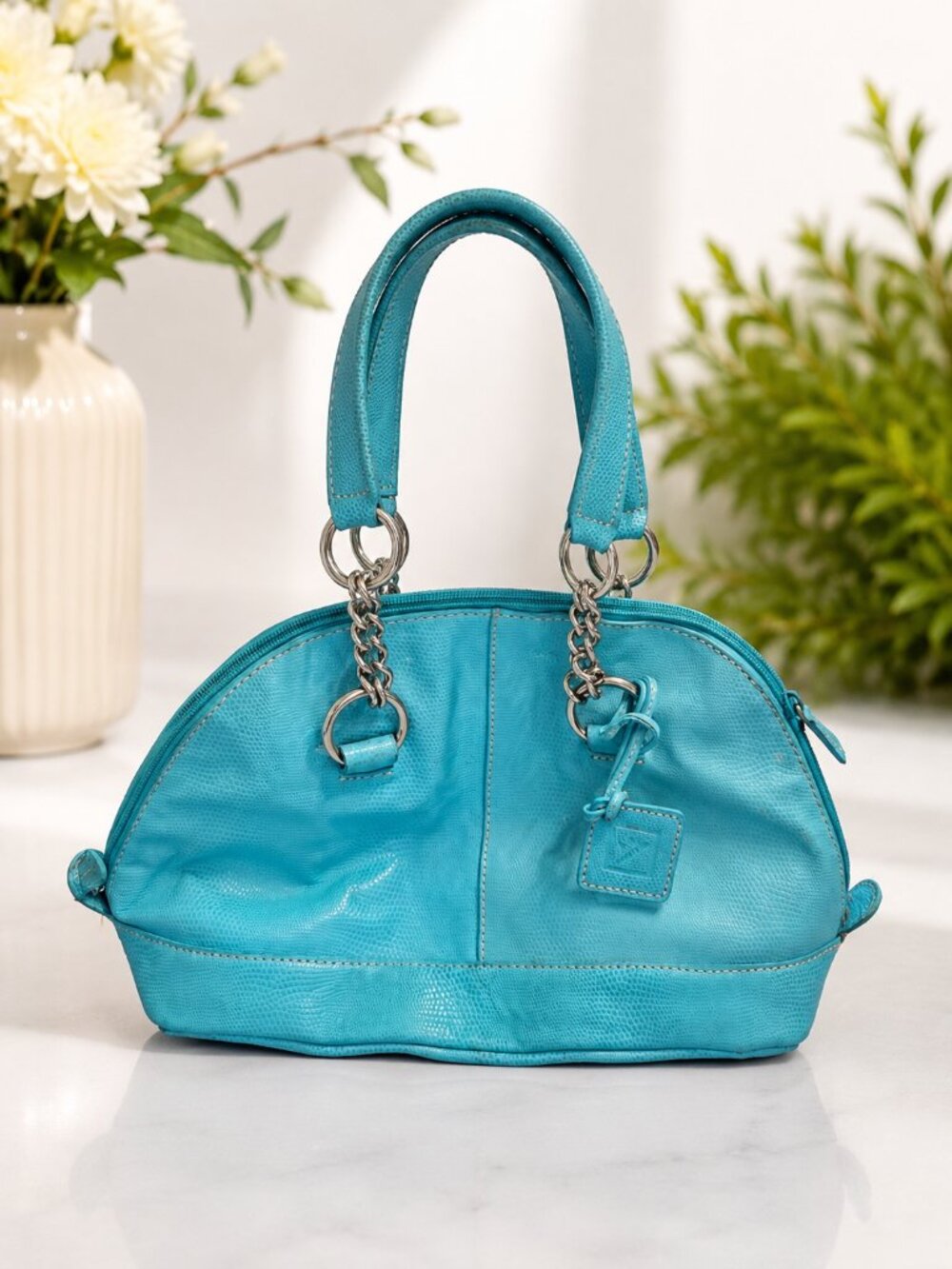Anne Klein Turquoise Textured Satchel Purse Silver Chain Shoulder Bag